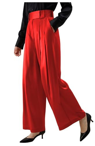 LEWIJO Silk Satin Pants for Women Red Casual Trousers High Waisted Wide Leg Trendy Dressy Daily Womens Pants for Work Size Medium | Amazon (US)