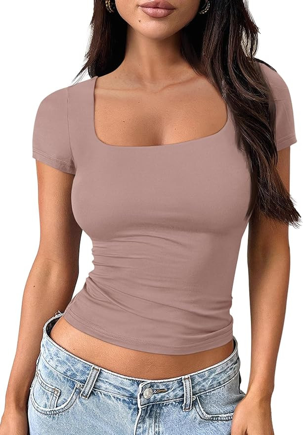 Trendy Queen Tshirts Shirts for Women Double Lined Going Out Crop Tops 2025 Spring Summer Workout... | Amazon (US)