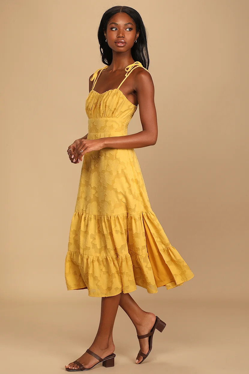 Sweet Sentiments Mustard Yellow Jacquard Tiered Midi Dress | Lulus (US)