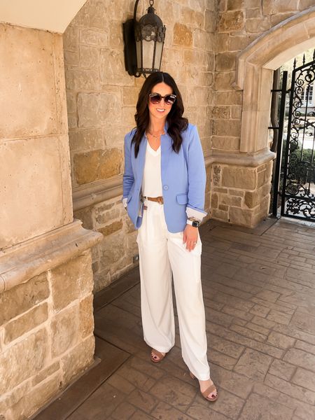 Spring business casual look. Blue blazer with white dressy tee and wide leg cargo pants. Code TARYNW10 for GibsonLook

#LTKSeasonal