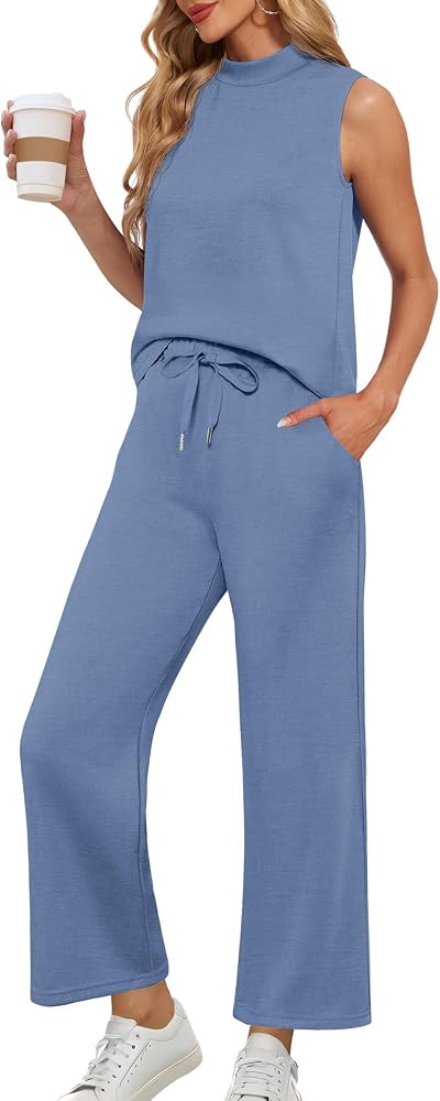 Lepunuo Two Piece Sets for Women Summer Mock Neck Sleeveless Top Crop Wide Leg Pants Lounge Sets ... | Amazon (US)