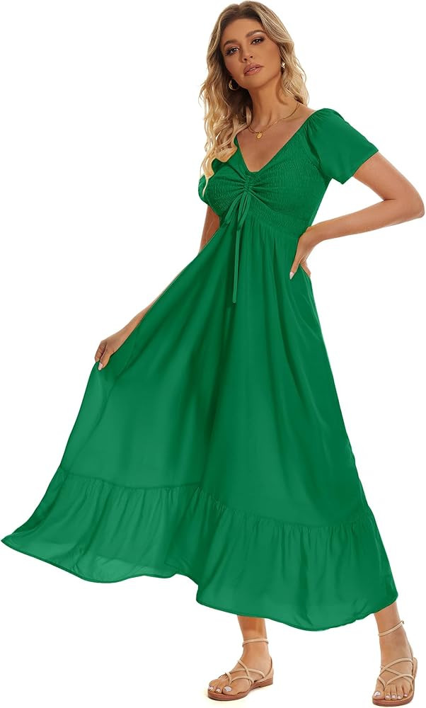 Women's Summer Floral Maxi Dress Casual Short Sleeve Flowy Boho Beach Party Long Dress | Amazon (US)