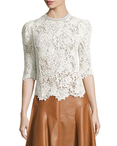 Arella Lace Mock-Neck 3/4-Sleeve Top, White | Neiman Marcus