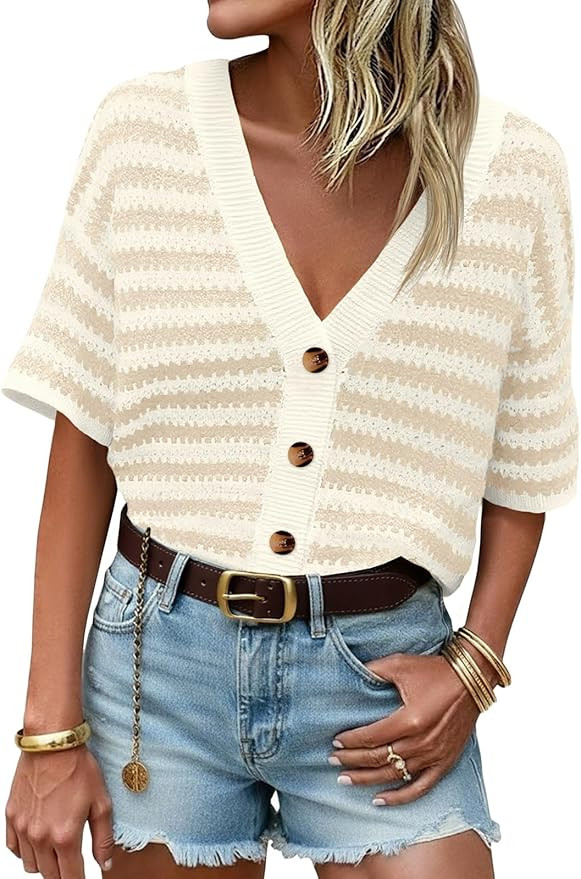 Saodimallsu Womens Short Sleeve Striped Cardigan Sweaters Crochet Knit Button Down Shirts V Neck ... | Amazon (US)
