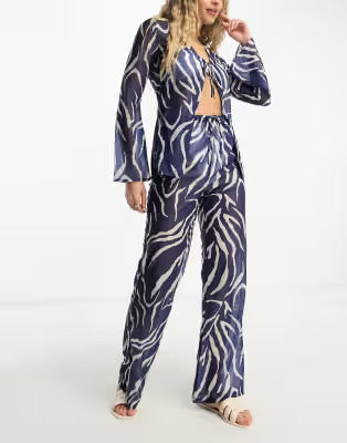 4th & Reckless sorrel sheer tie front pants in navy zebra print - part of a set | ASOS | ASOS (Global)