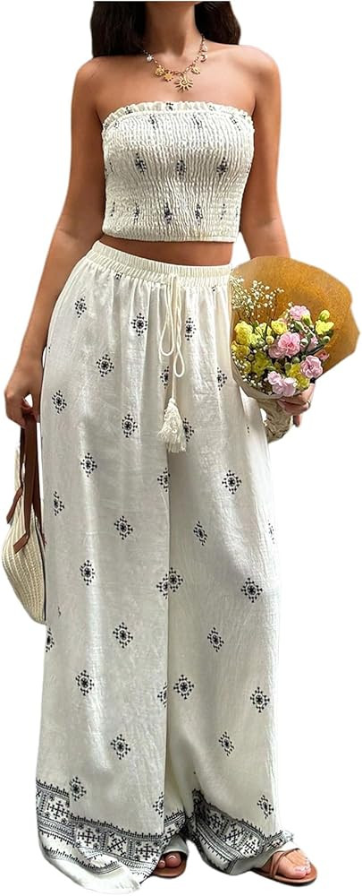 GORGLITTER Women's 2 Piece Sets Summer Dressy Tube Top And Bottom Set Vacation Outfits | Amazon (US)