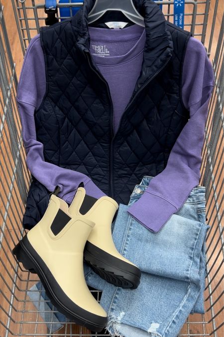 Walmart fall outfit idea with this crewneck sweatshirt, quilted vest, distressed hem jeans and Chelsea rainboots #walmartfashion 

#LTKstyletip #LTKover40 #LTKfindsunder50