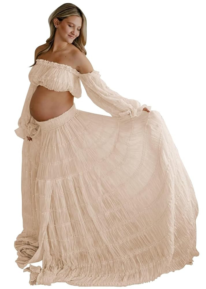 SHSUREVE Vestidos de maternidad de 2 piezas para sesión de fotos, hombros descubiertos, vestidos... | Amazon (US)