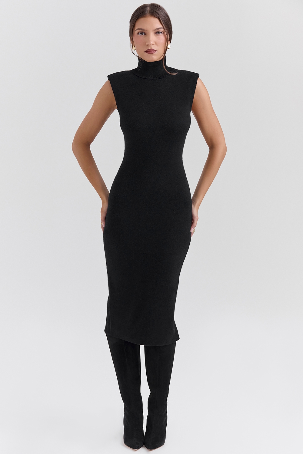 black cashmere blend turtle neck midi dress | House of CB