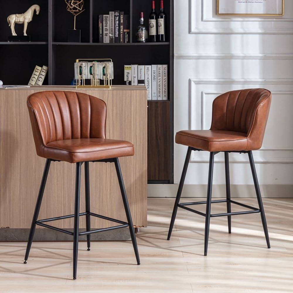 CIMOO Leather Counter Stools Set of 2 Mid Century Modern Bar Stools Upholstered Counter Height St... | Amazon (US)