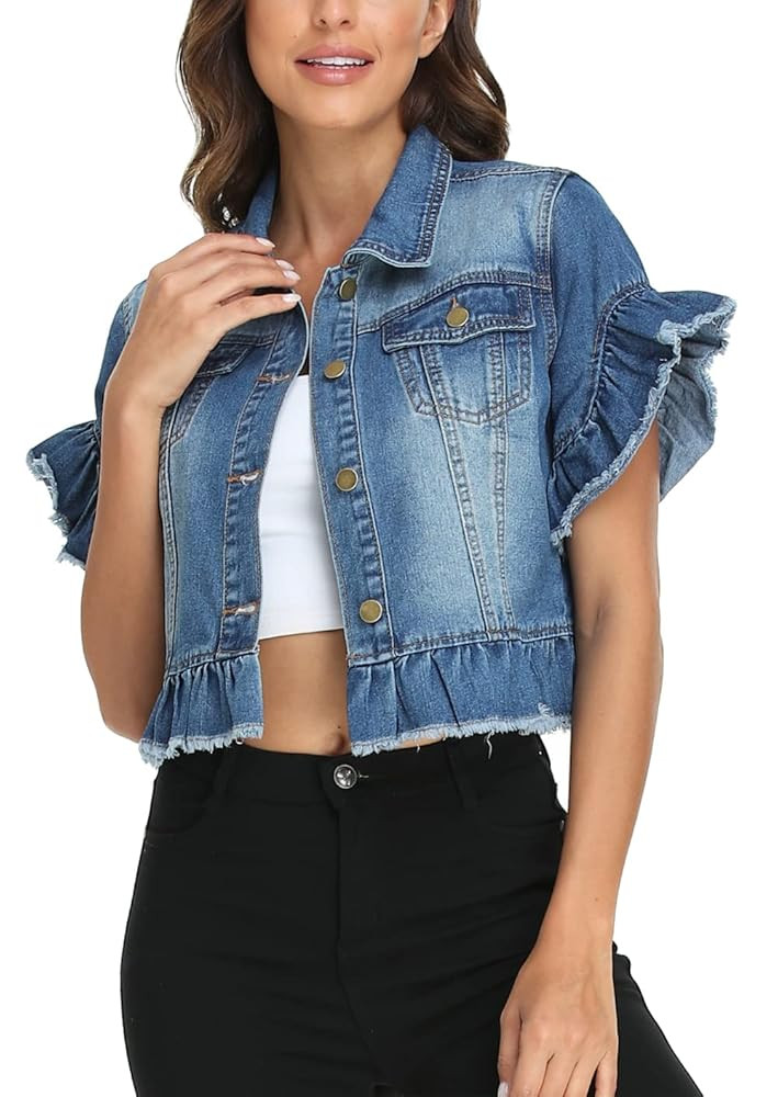 MISS MOLY Women's Denim Jacket Ruffle Sleeve Button Down Distressed Summer Cropped Jean Jackets | Amazon (US)