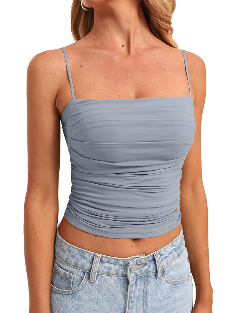Darong Women Padded Double Lined Ruched Tank Tops Bulit in Bra Summer Spaghetti Strap Going Out C... | Amazon (US)