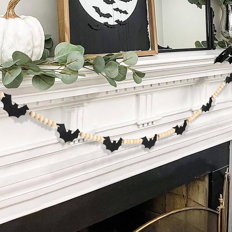 Halloween Decorations-Black Felt Bats Wood Beads Garland | Amazon (US)