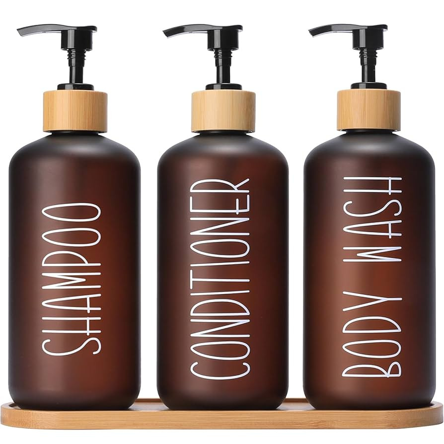 MOMEEMO Amber Shower Dispenser Set, Contains 3 Extra-Thick PET Plastic Bottles with Bamboo Pumps,... | Amazon (US)