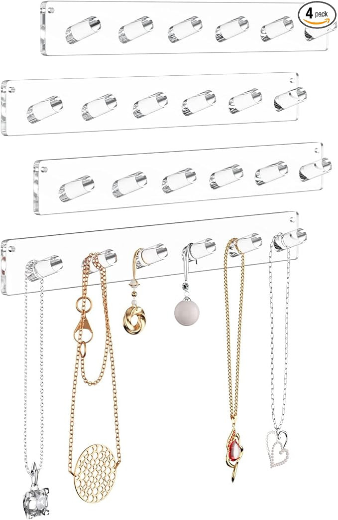NIUBEE Wall Mounted Necklace Hanger, 4 Pack Acrylic Jewelry Stand Organizer, Bracelets Rings Bang... | Amazon (US)