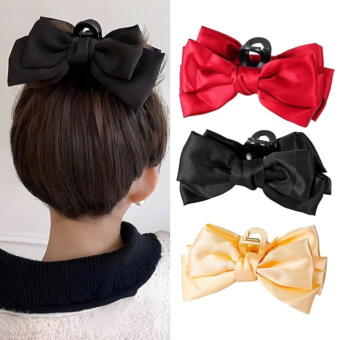 MHDGG Big Bow Hair Claw Clips for Women,3pcs Satin Silky Bow Hair Barrette Nonslip Claw Clip for ... | Amazon (US)