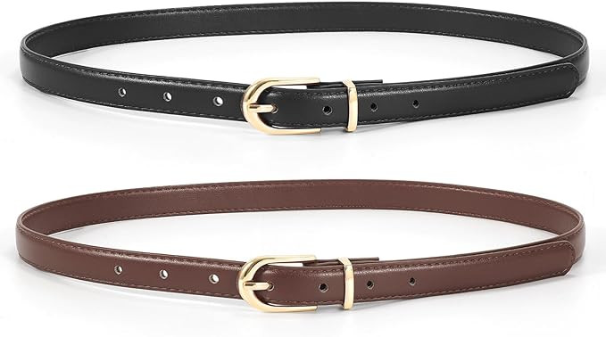 JASGOOD Womens Thin Leather Belt Skinny Faux Leather Belt for Jeans Dress with Gold Alloy Buckle | Amazon (US)
