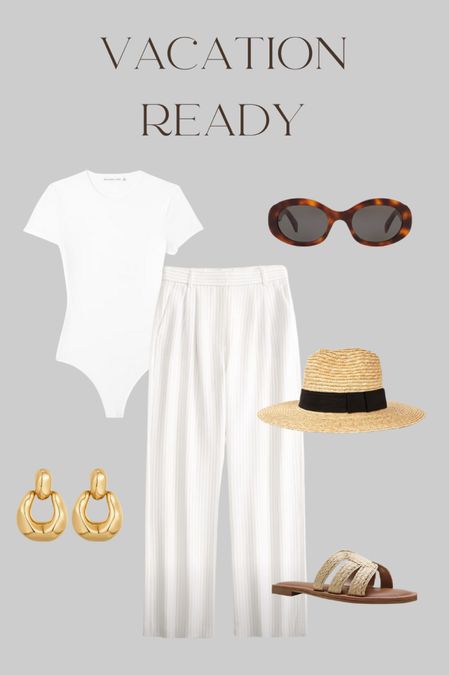 Vacation outfit idea 

Trousers, bodysuit, Britton hat, gold earrings, Celine sunglasses 