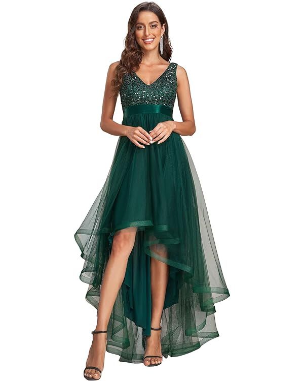 Ever-Pretty Women's Double V-Neck A-Line Sequin Sleeveless High Low Tulle Evening Party Gowns 014... | Amazon (US)