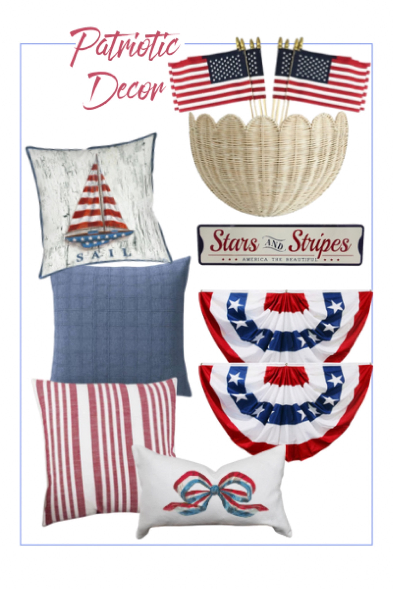 We missed Memorial Day decorating, but this is just the beginning of summer. And we’ll be all in for 4th of July and beyond. 
Blue pillow and wicker wall basket can be used year round. And red stripe pillow can do triple duty for Christmas and Valentines too. 
I love pretty, tasteful decor almost as much as I love stretching my budget  
