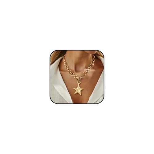 Lyfange Chunky Gold Star Necklace for Women Trendy Bold Star Pendant Necklace Statement Necklaces Vintage Hammered Jewelry | Amazon (US)