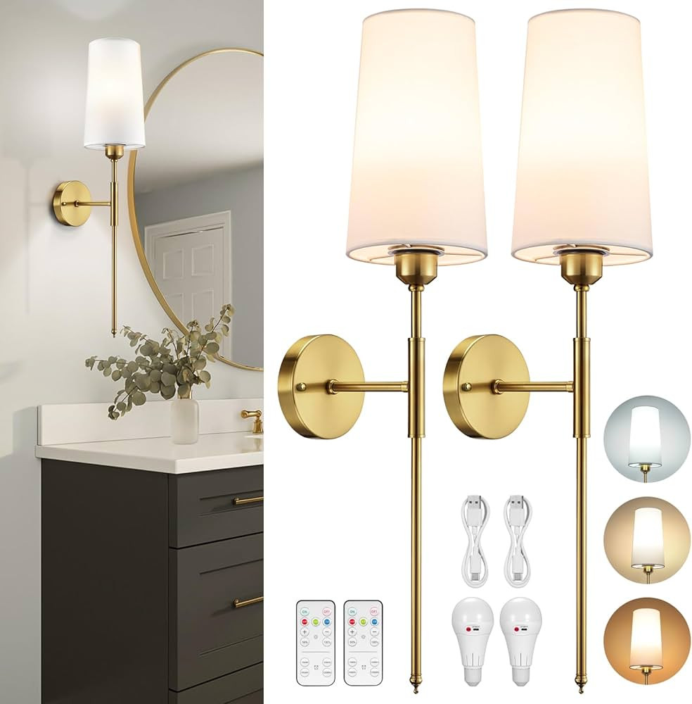 Battery Operated Wall Sconce Set of 2, Rechargeable Wall Sconce With Remote Dimmable Wireless Bat... | Amazon (US)