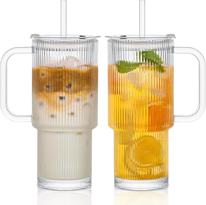 INSETLAN 760ml Ribbed Glass Cup with Lids and Straws, 2 Pack Leakproof Glass Tumbler with Handle,... | Amazon (UK)