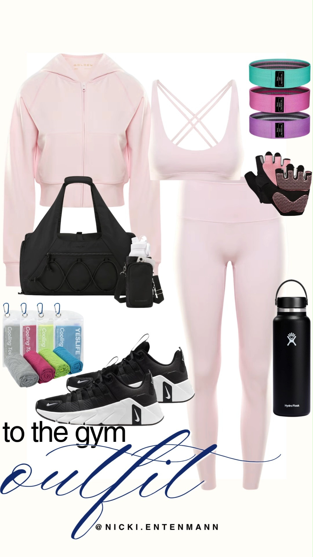 Level up your fitness edit with this soft blush pink gym outfit. A matching strappy sports bra, high-waisted leggings, and zip-up cropped hoodie pair seamlessly with black Nike trainers and a black duffel bag. Pink weightlifting gloves, colorful resistance bands, cooling towels, and a matte black Hydro Flask finish off this preppy look.

#tothegym #gymoutfit #activewear #athleisure #workoutstyle #preppycasual #fitnessfashion 

 #LTKootd #LTKfitnessgoals #LTKActive