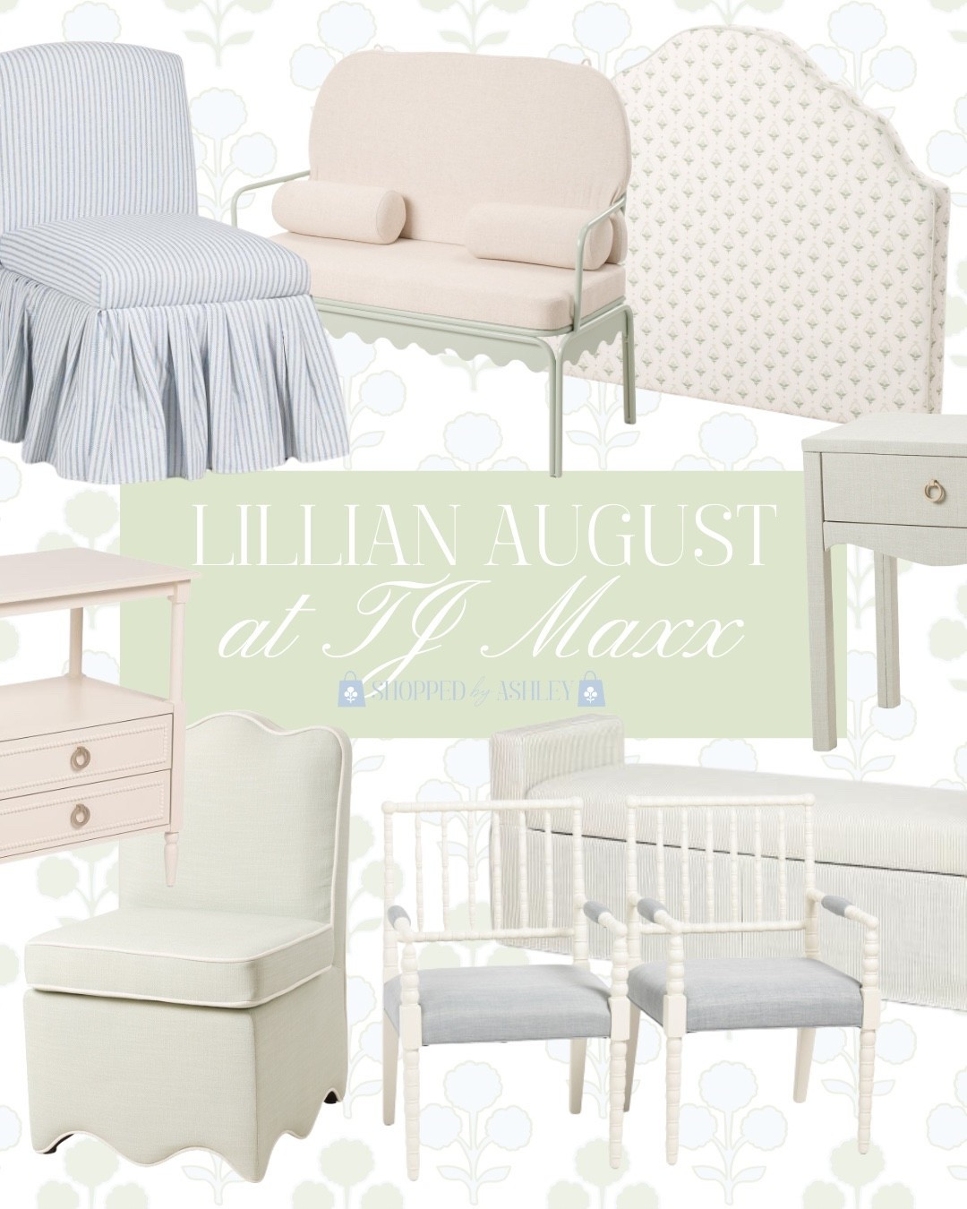 One of my favorite brands at TJ Maxx, Marshall’s, and HomeGoods! 

Lillian August, Grandmillennial decor, Grandmillennial style, scallop chair, blue and green, spindle chairs, twin headboard, first apartment, college apartment, preppy style, storage bench, designer style

#LTKHome
