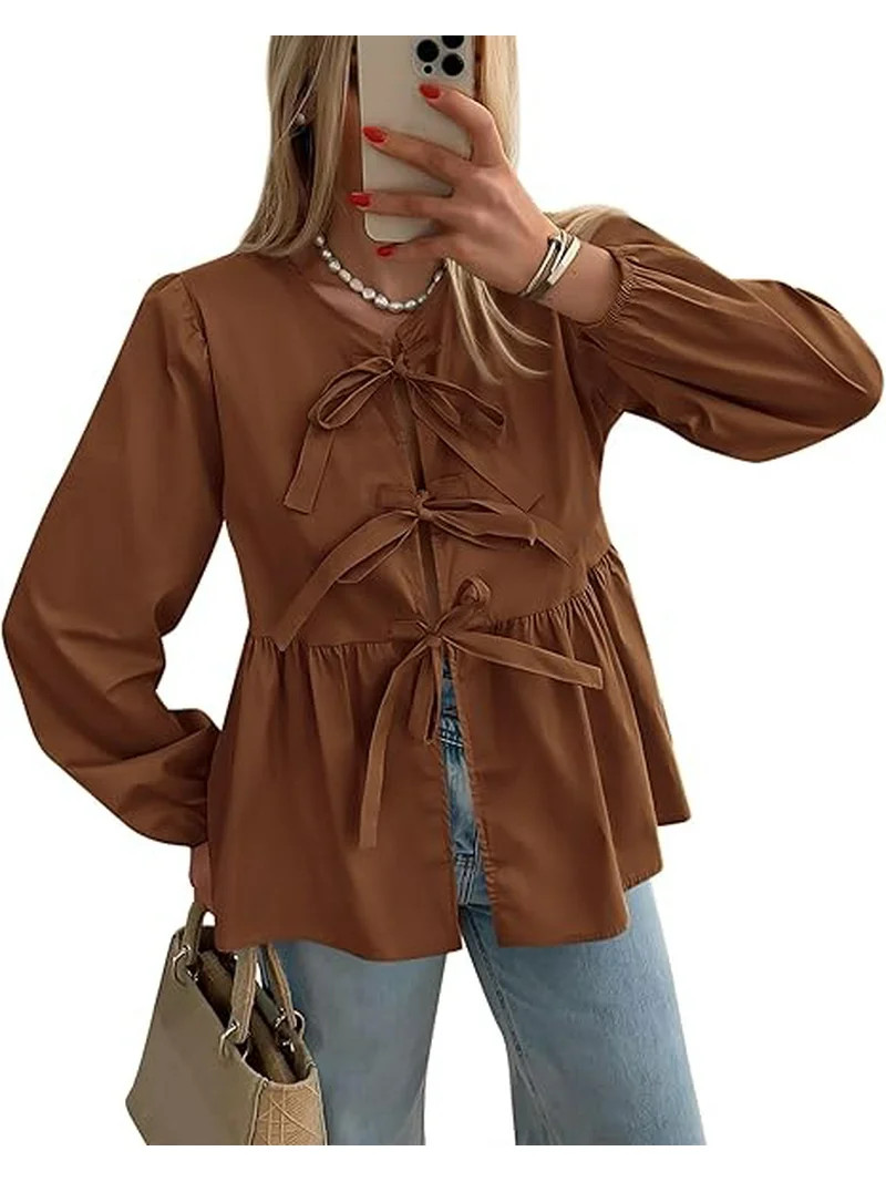PRETTYGARDEN Women's Spring Fall Babydoll Peplum Blouse Shirt Puff Long Sleeve Bow Tie Front Tren... | Walmart (US)