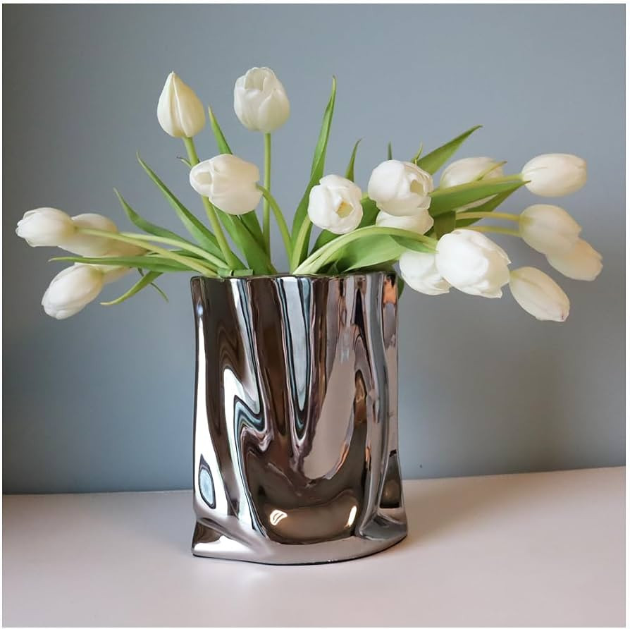 Amazon.com: Kaitnax 9" Siler Ceramic Vase Flower Vase Crinkle Paper Bag Shape Ceramic Vase Art De... | Amazon (US)