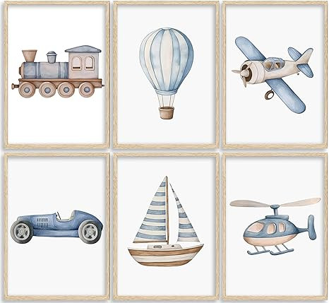 Vintage Baby Boy Nursery Wall Art Blue Transportation Car Airplane Painting Picture Wall Decor To... | Amazon (US)