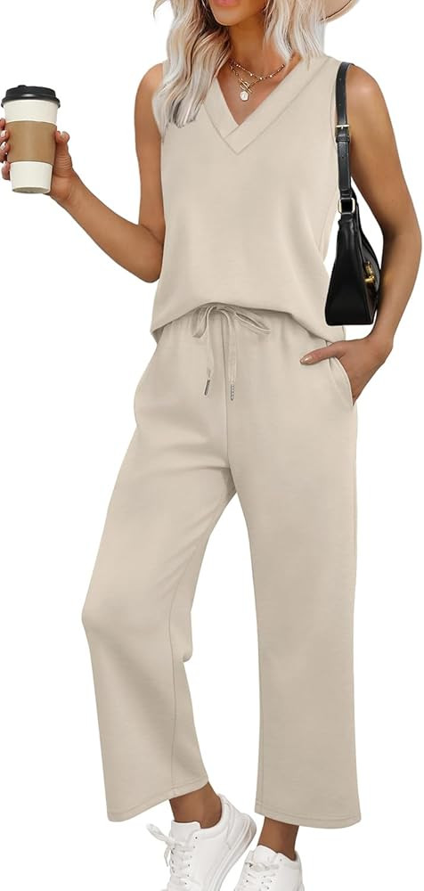 WIHOLL Two Piece Sets for Women Summer Outfits Matching Lounge Sets Wide Leg Crop Pants Vacation ... | Amazon (US)