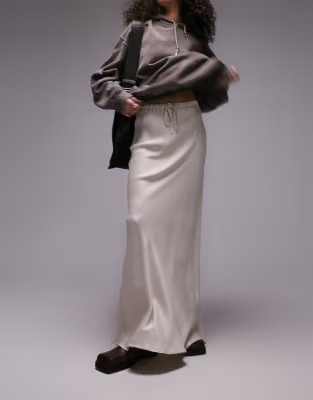 Topshop drawstring satin bias maxi skirt in oyster | ASOS (Global)