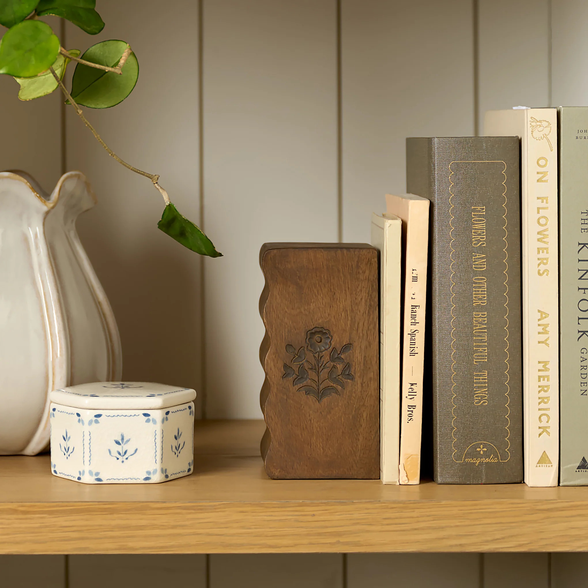 Solid Wood Floral Carved Bookends | Magnolia