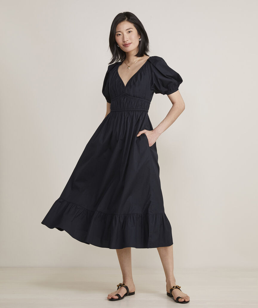 Marina Poplin Puff-Sleeve Midi Dress | vineyard vines