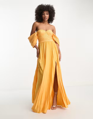 ASOS DESIGN sweetheart neck off shoulder pleated maxi dress in orange | ASOS (Global)