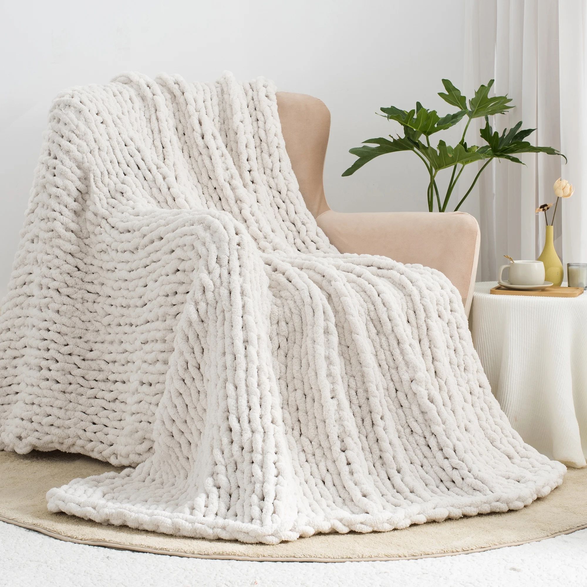 Carriediosa Chunky Knit Throw Blanket Handmade Soft Throws for Couch Sofa Bed, 50" x 60" Cream Wh... | Walmart (US)