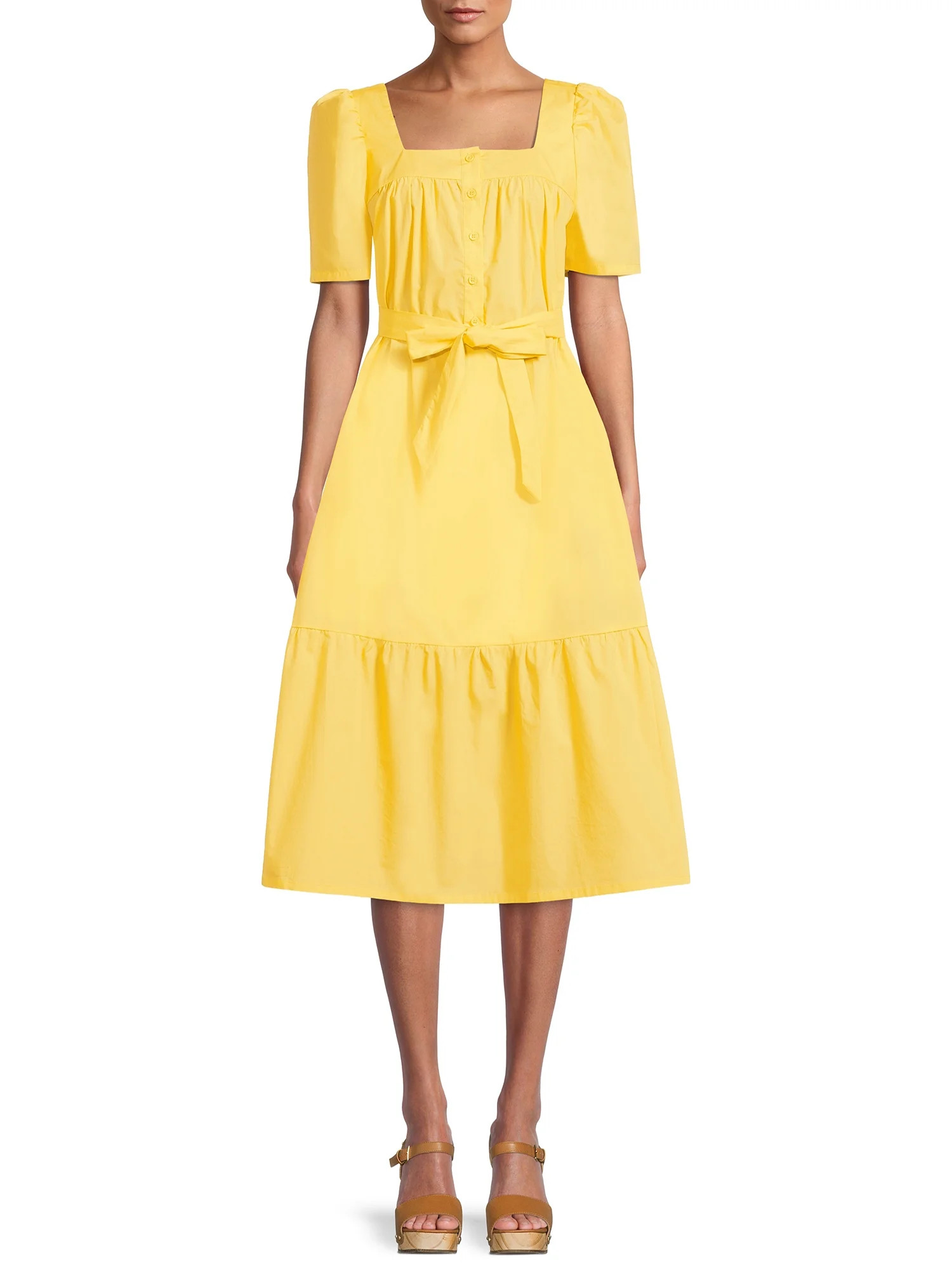 The Get Women's Short Sleeve Midi Dress with Puff Shoulders | Walmart (US)