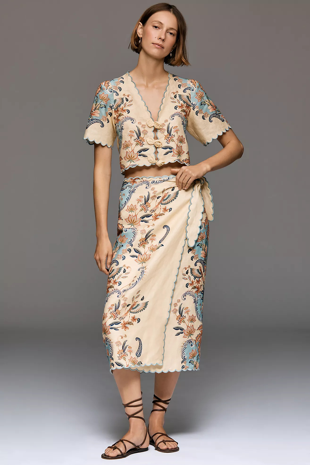 Farm Rio Scalloped Linen Midi Skirt | Anthropologie (US)