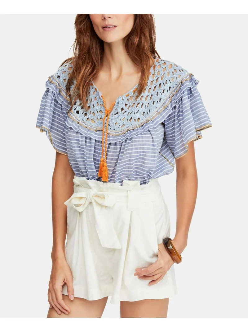 FREE PEOPLE Womens Navy Cotton Ruffled Crochet Striped Short Sleeve Scoop Neck Blouse L | Walmart (US)