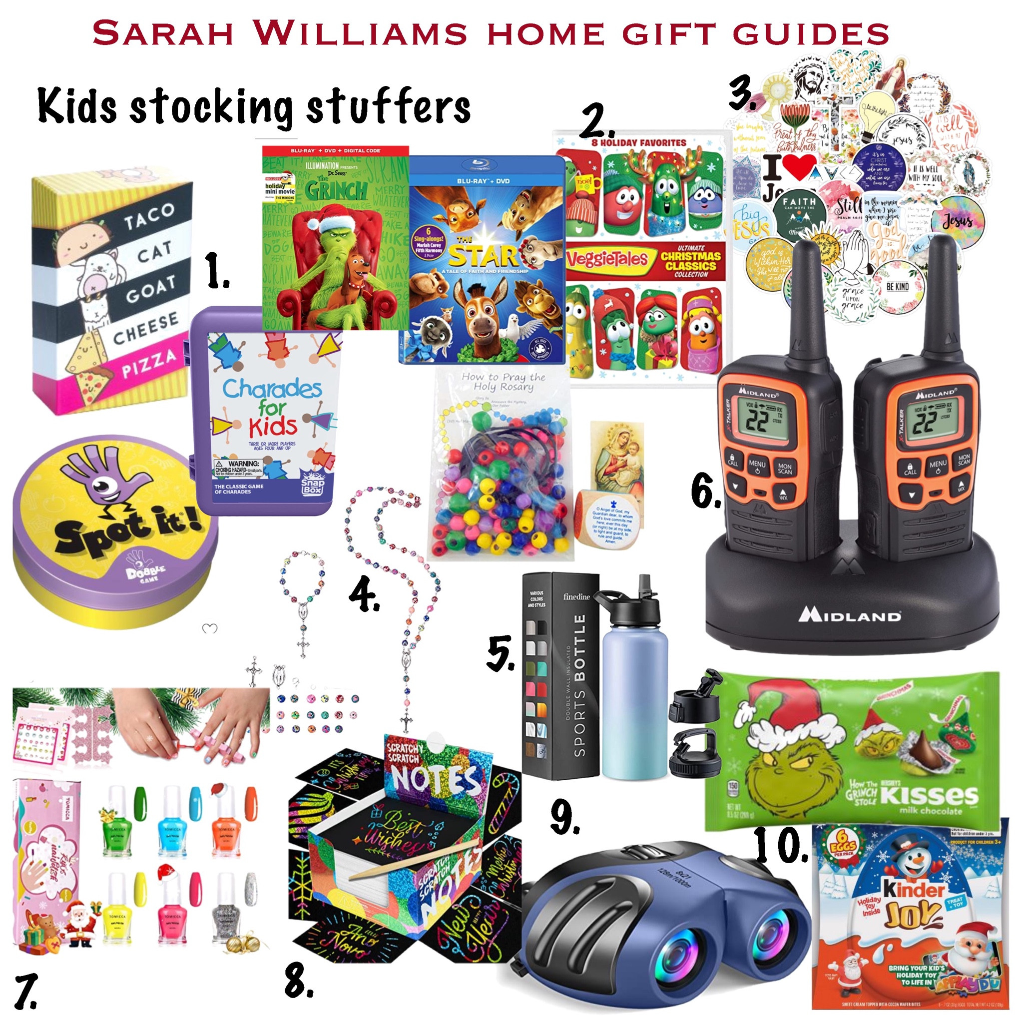 Kids stocking stuffers! Some of our favorites! Christmas gifts, the grinch, veggietales, mail polish, walking talkies, travel games, binoculars, chocolates water bottle rosary kit 

#LTKGiftGuide #LTKkids #LTKHoliday