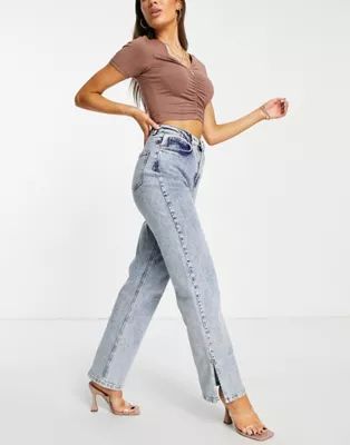 NA-KD high waist slit denim jeans in blue | ASOS (Global)