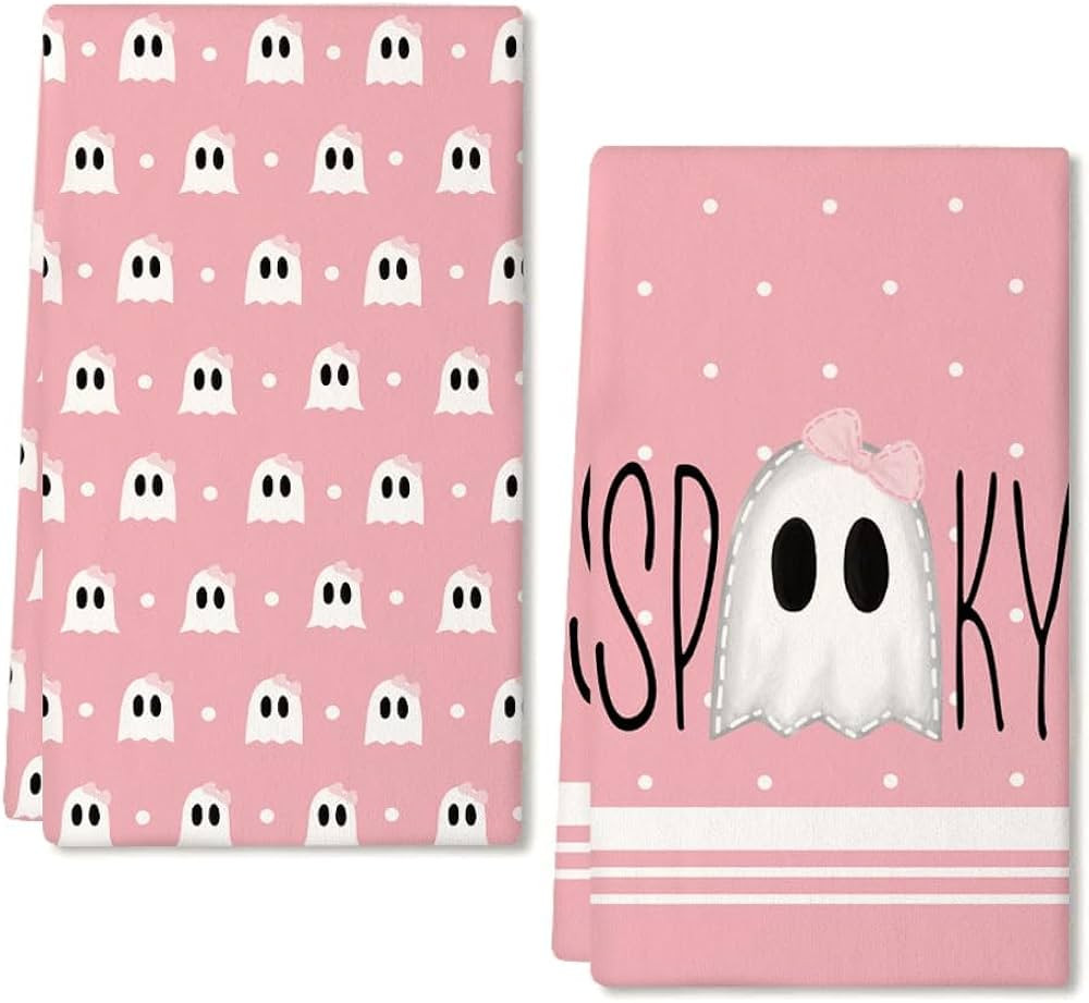 ARKENY Halloween Kitchen Dish Towels Set of 2,Pink Ghost Bowknot 18x26 Inch Drying Dishcloth,Farm... | Amazon (US)