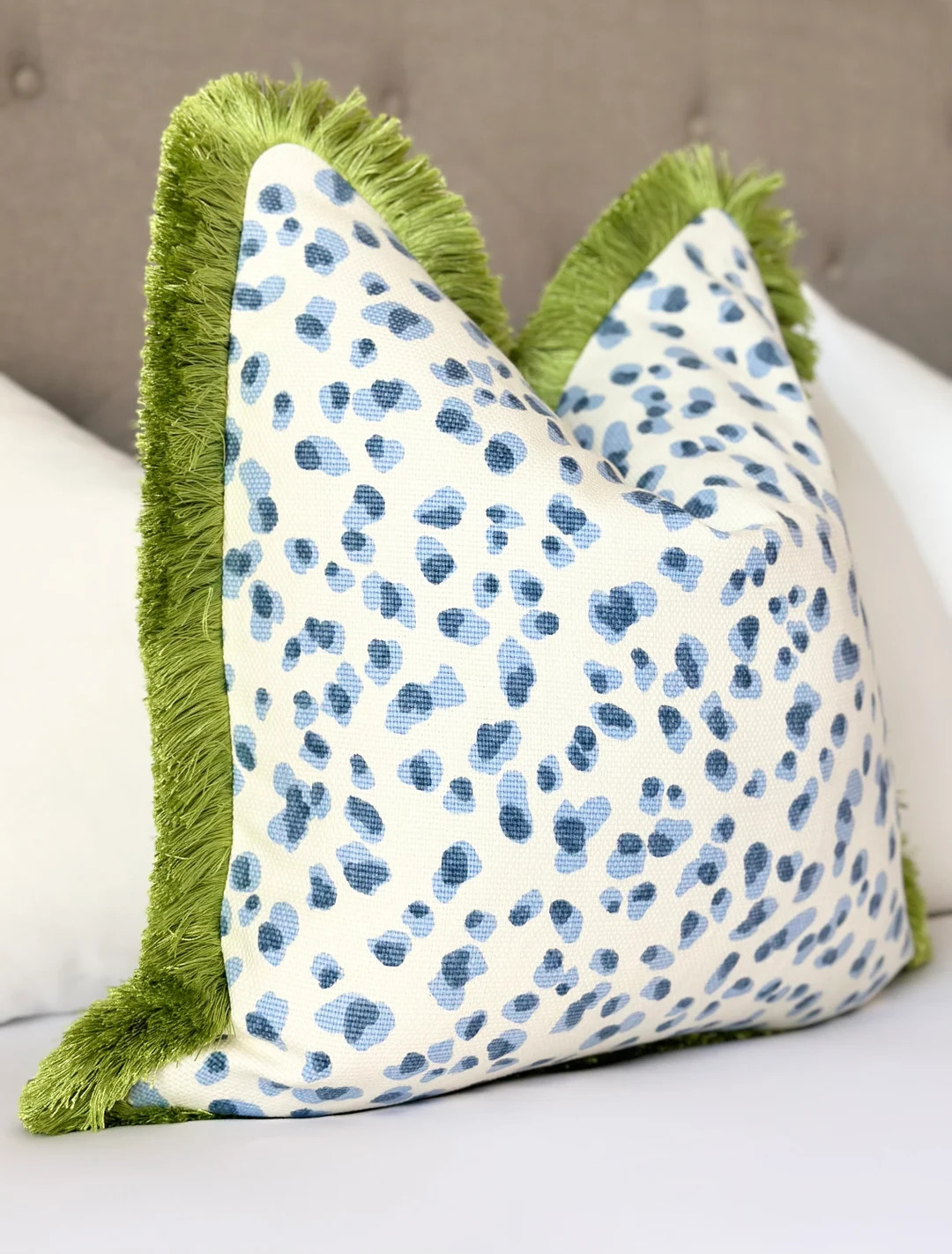 Mira Blue Leopard Throw Pillow Cover With Green Brushed Fringe Detail, Chinoiserie Style Throw Pi... | Etsy (US)