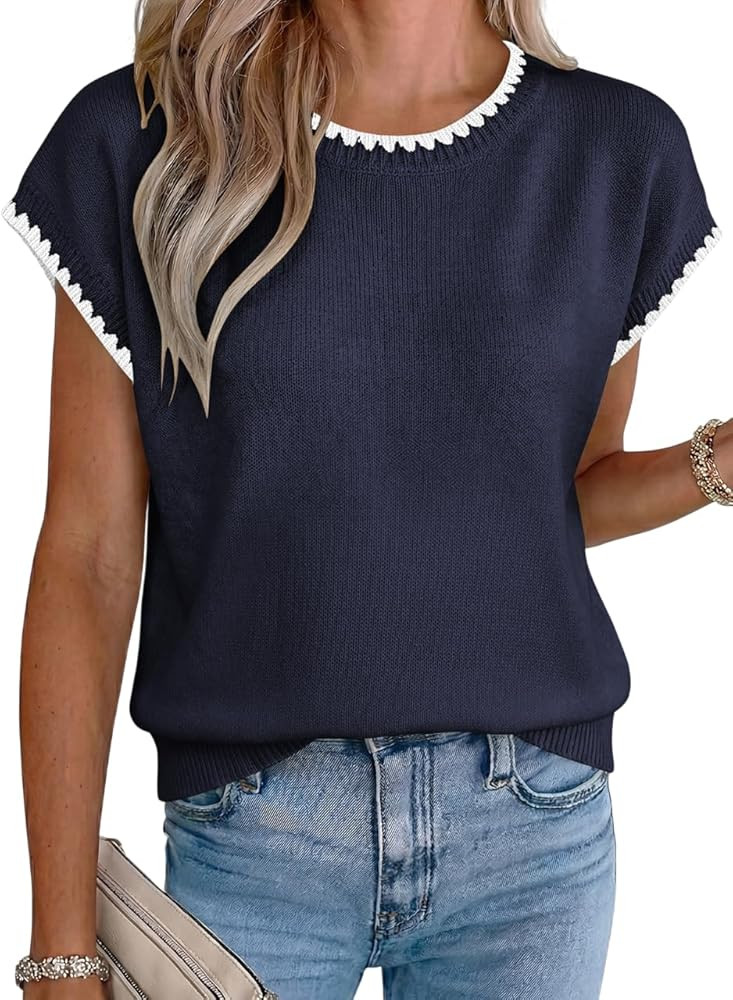 Acelitt Women's Contrast Ruffle Trim Knit Top Crew Neck Cap Sleeve Lightweight Sweater Vest Casua... | Amazon (US)