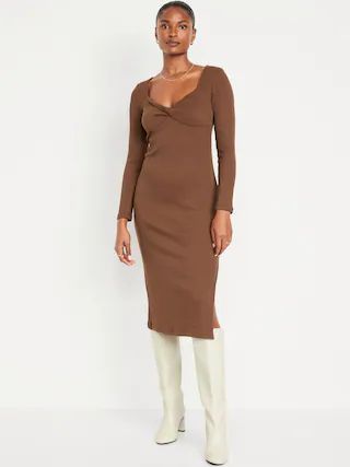 Fitted Twist-Front Rib-Knit Midi Dress for Women | Old Navy (CA)