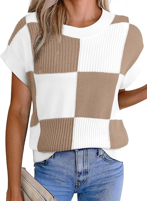 EVALESS Short Sleeve Sweater for Women Crewneck Color Block Knit Tops 2026 Spring Trendy Cap Slee... | Amazon (US)
