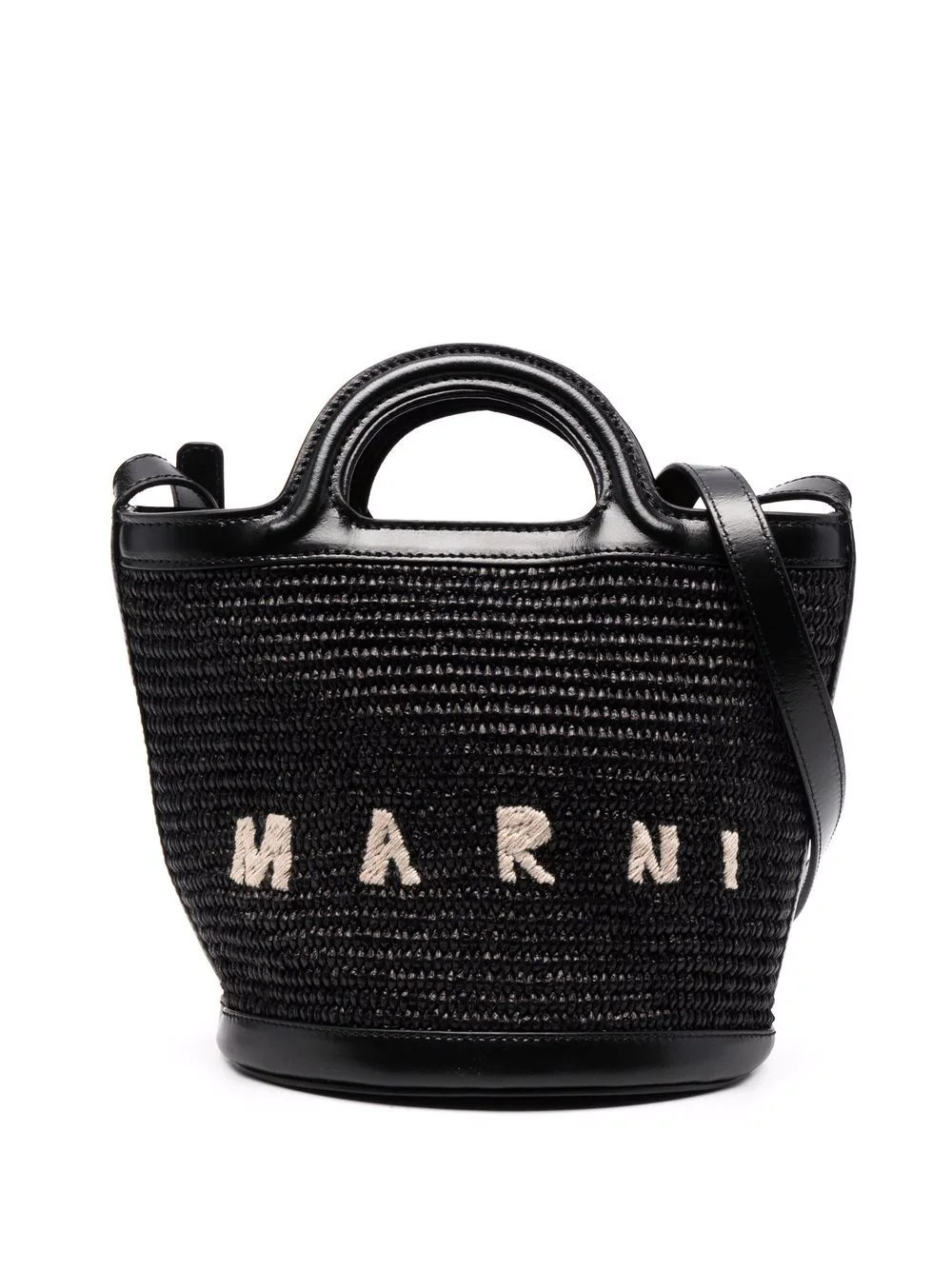 Marni Tropicalia small bucket bag in leather and raffia-effect fabric - Black | Farfetch Global