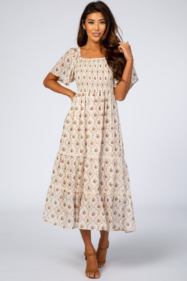 Ivory Floral Chiffon Smocked Front Lace Trim Midi Dress | PinkBlush Maternity